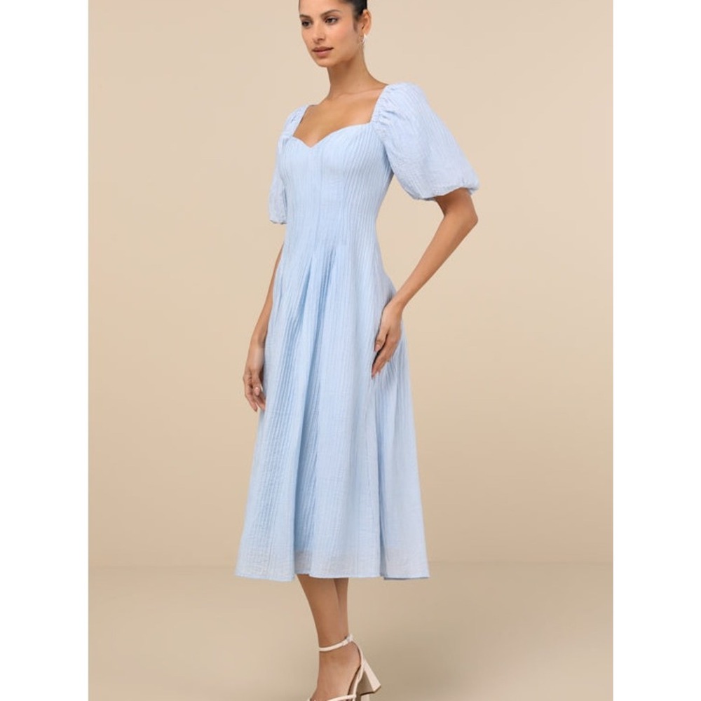 NWT Lulus Heavenly Energy Blue Textured Puff Sleeve Pleated Midi
Dress XL - Picture 3 of 13